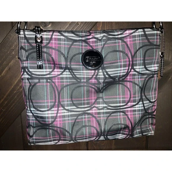 Coach Purse Poppy‎ Plaid Berry Pink Purple Black Glittery - Picture 2 of 7